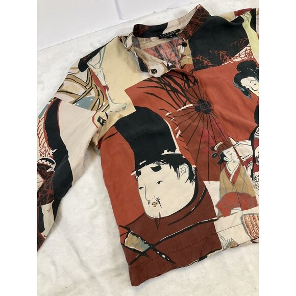 CITRON SANTA MONICA Asian Print Women's Top Snap Shirt Large Silk Linen 90’s Art - Picture 5 of 9